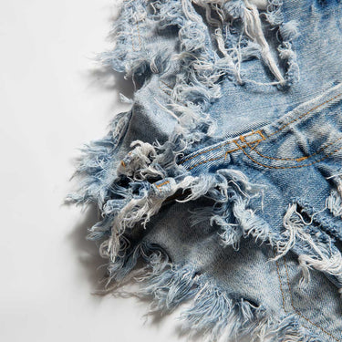 Reworked Heavy Distressed Light Wash Denim micro Shorts