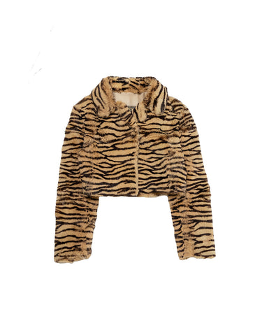 Reworked Cropped Tiger Print Faux Fur Jacket front view