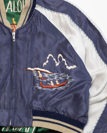 Reworked Cropped Sukajan Embroidered Bomber Jacket Blue