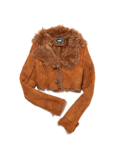 Cropped Shearling Sheepskin Jacket Brown front view
