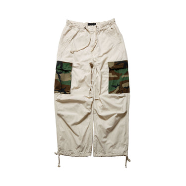 Reworked Cargo Pants Cream | Camo Panel Drawstring Wide Fit front view