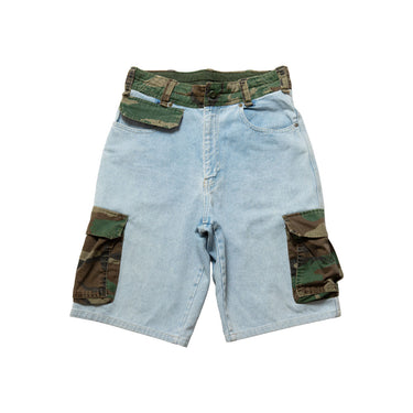 Reworked Denim Cargo Shorts | Camo Panel Detail front view