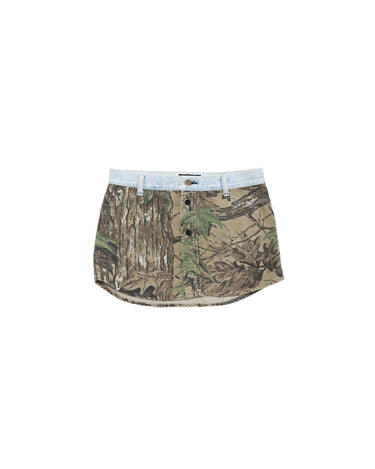 Reworked Realtree Camouflage Mini Skirt with Denim Waist front view