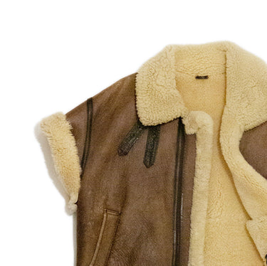 Vintage Shearling Leather Vest Brown Cream Sheepskin
