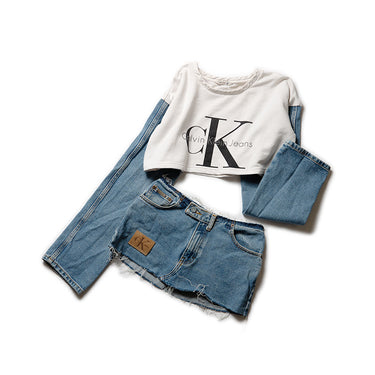 Calvin Klein Cropped Sweatshirt CK Logo Denim Sleeve